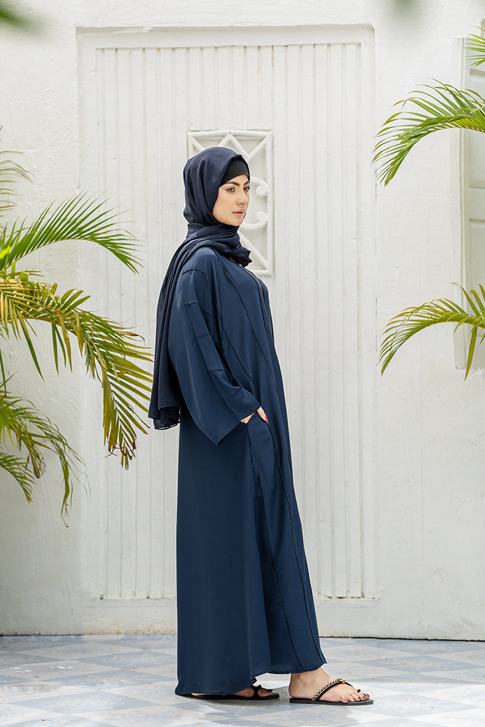 Stripes Open Sleeves Abaya-Navy Blue