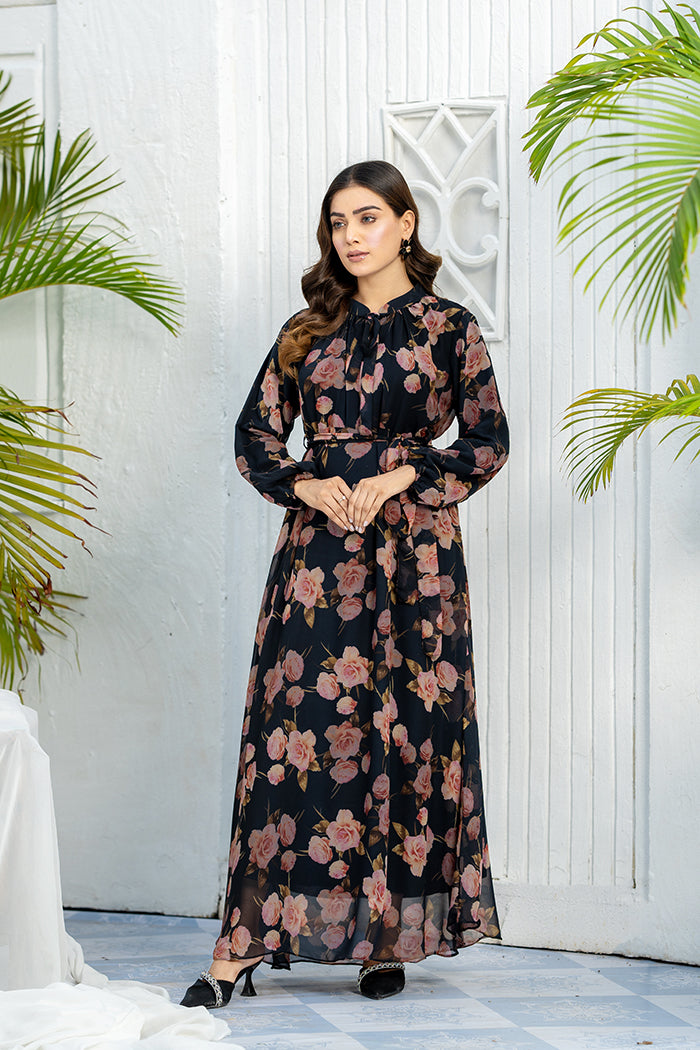 Rose Crew Neck Fully Lined Long Dress