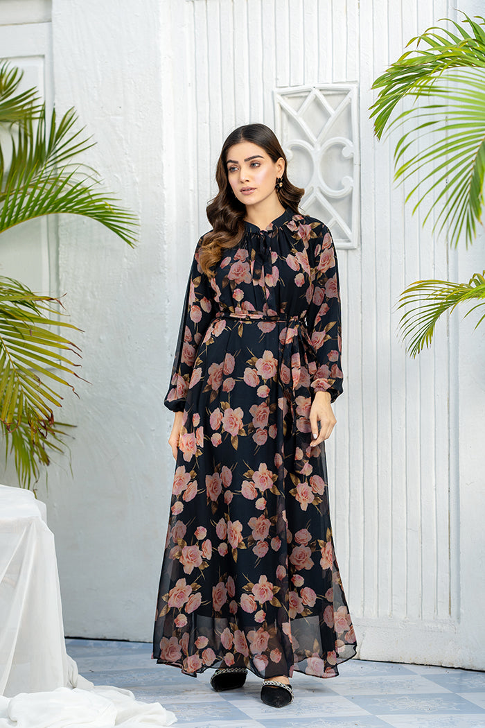 Rose Crew Neck Fully Lined Long Dress